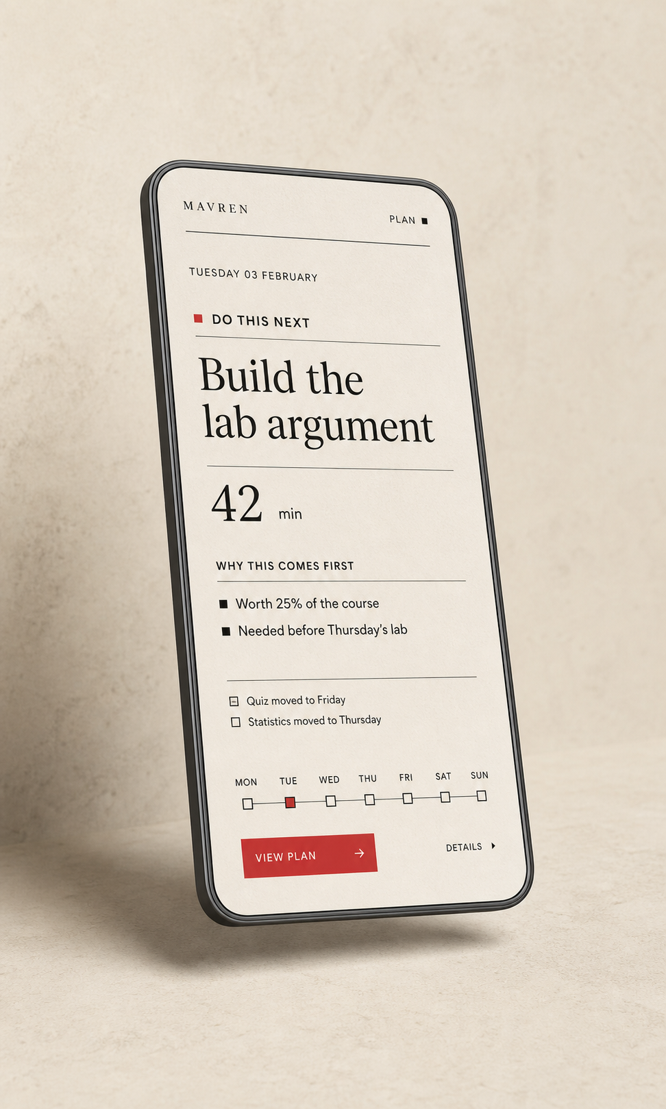 A concept Mavren interface showing the next task, the available time, and a plain explanation of why the task comes first